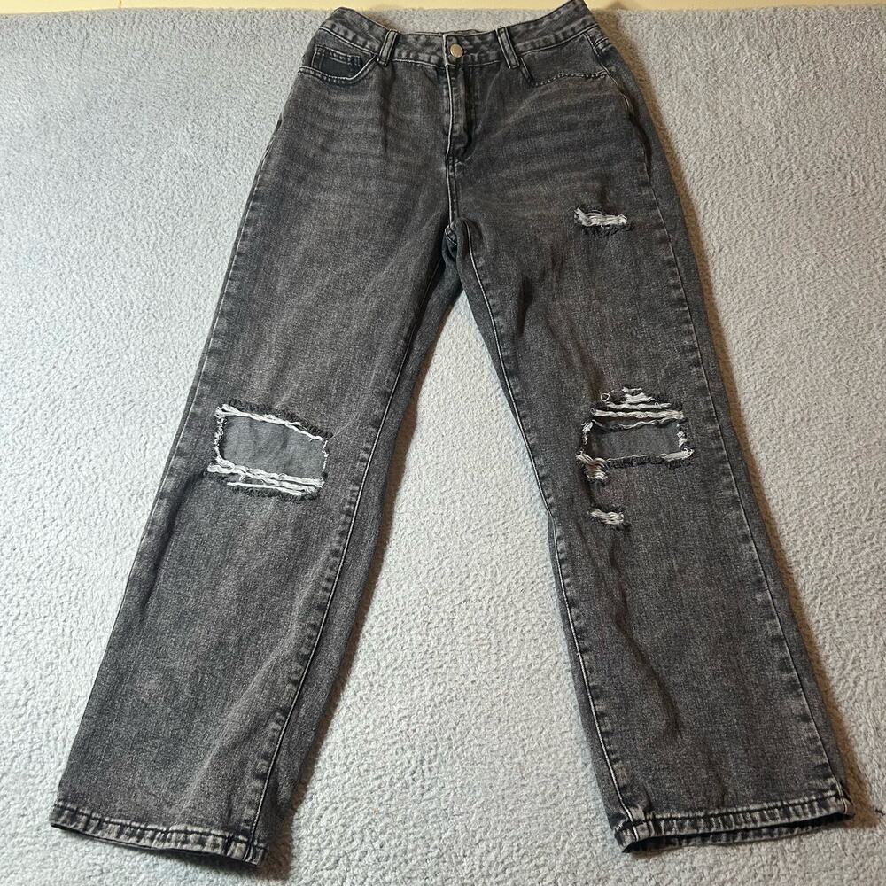 Shein Jeans Womens M Black Distressed Straight Leg High Rise Wide Leg Jeans